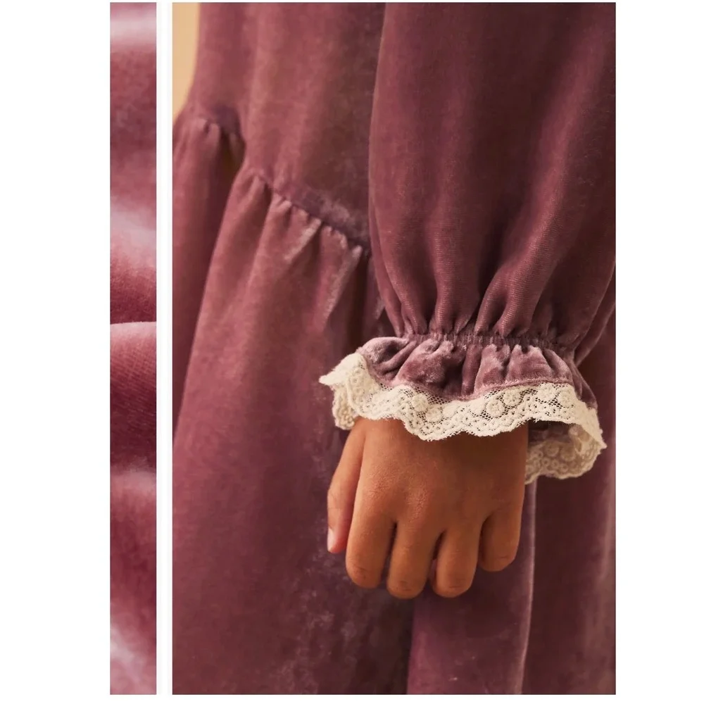 Laura Ashley Kids Pink Velvet Dress Peter Pan Collar Lace Trim Long Sleeve 4Y